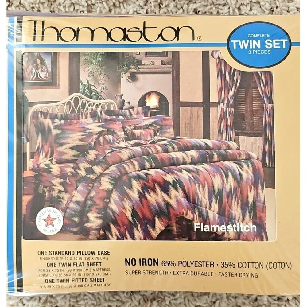 Vtg Thomaston Flamestitch Twin Sheet Set Southwestern Bedding Ranch Dorm USA